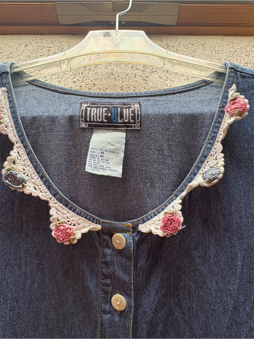 Vintage 90s True Blue Denim Cottagecore Midi Dress with Lace Collar & Tie Back